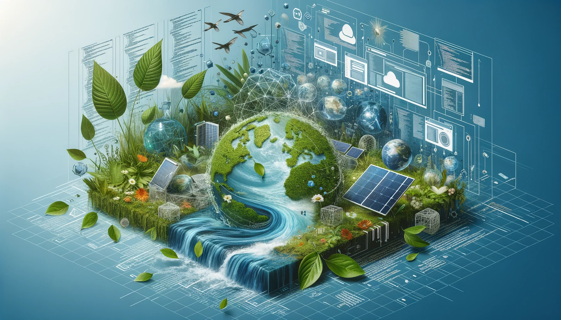 Conceptual illustration of a green and technology-integrated Earth, symbolizing sustainable web design principles.